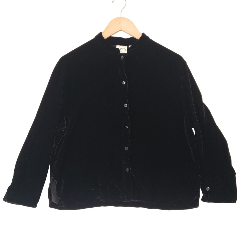 Chicos Black Silk Blend Velvet Button Down Shirt Mandarin Collar Size 2 Large‎